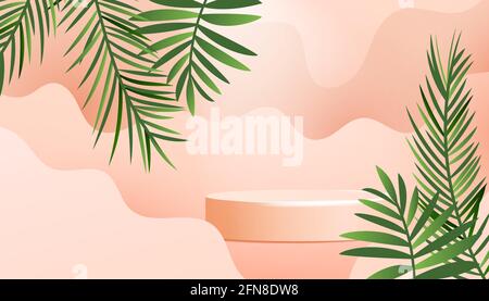 Realistic minimal product podium with green tropical palm leaves and soft wave isolated on a beige background. Blank background for posters, covers Stock Vector