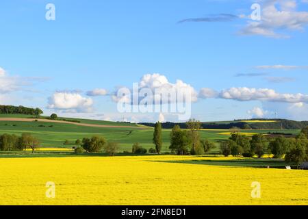 fast moving clouds over yellow fields Stock Photo
