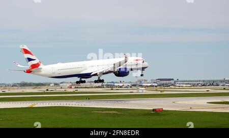 British Airways Airbus A350-1000 approaches the runway to land at Chicago O'Hare International Airport. Stock Photo