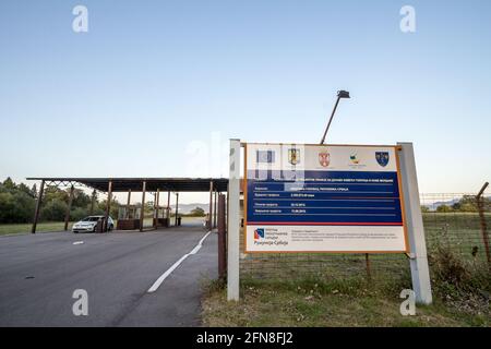 Picture of a roadsign indicating a reconstruction project of a border crossing between Serbia and Romania in Usije is funded and donated by the Europe Stock Photo