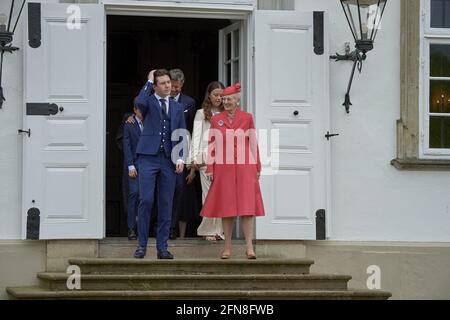 Prince Christian and Queen Margrethe Crownprince Family in back during Prince Christian’s confirmation at Fredensborg Palace Church in Denmark on May 15, 2021. Photo by Stefan Lindblom/Stella Pictures/ABACAPRESS.COM Stock Photo