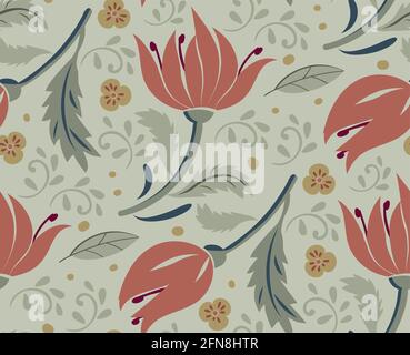 Red tulip flower on light background. Seamless pattern. Vector floral bright pattern for wrapping paper, fabric, cloth, cover. Vector illustration Stock Vector