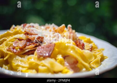 Delicious homemade pasta, spaghetti carbonara, aglio e olio Stock Photo