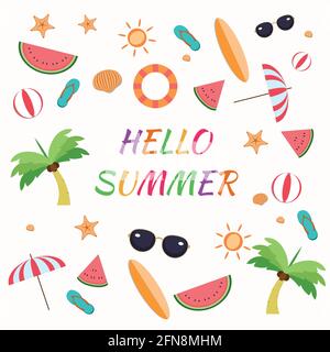 Set of summer icons, watermelons, sun, sunglasses, surfing board, starfish, beach ball, sandals and other objects vector Stock Vector