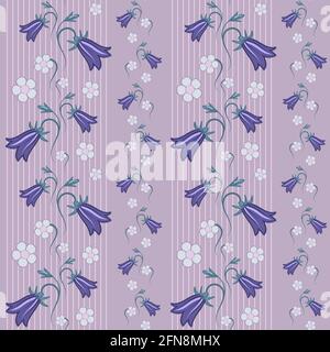 Seamless repeating pattern. Floral wildflowers bluebells and forgetmenot in blue, pink and white. Stock Vector