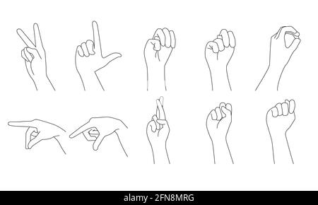 Set of multiple hand gestures in vector line art isolated on white background Stock Vector