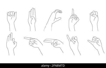 Set of multiple hand gestures in vector line art isolated on white background Stock Vector