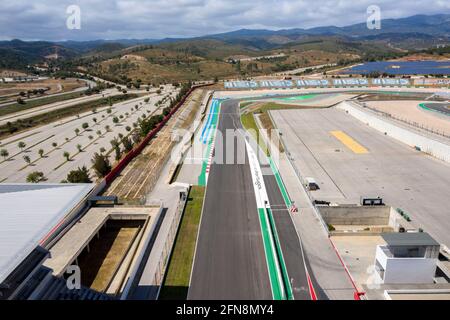 Portimao, Portugal - May 2021 - Aerial drone view over racing track Algarve International Circuit in Lagos Portimao. Finish race line. Sunny day. Stock Photo