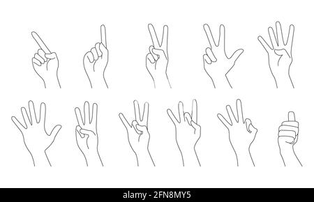 Set of multiple hand gestures in vector line art isolated on white background Stock Vector
