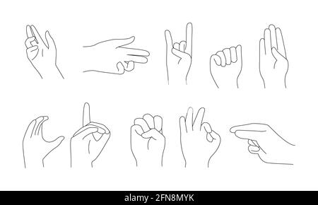 Set of multiple hand gestures in vector line art isolated on white background Stock Vector