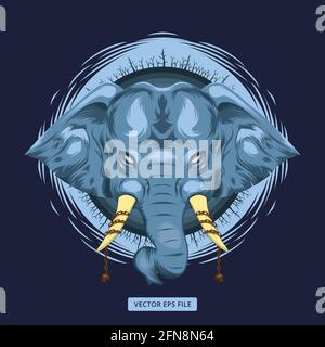 Mythical blue elephant illustration with chained skull ivory and dead forest around the head on dark background vector Stock Vector