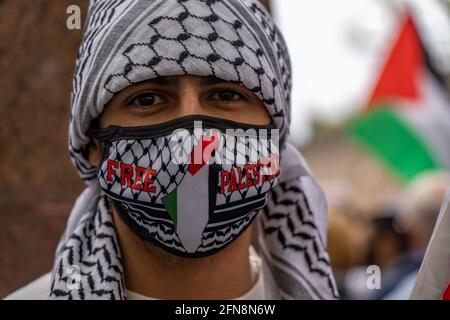 Cardiff, Wales, UK. 15th May 2021. Protesters gather at Cardiff City Centre on Nakba Day, at the site of the Aneurin Bevan Memorial, in support and solidarity with the Palestinian people and against Israel’s continued bombing of Gaza. Cardiff, Wales, UK. Credit: Haydn Denman/Alamy Live News. Stock Photo