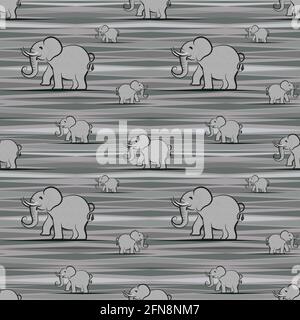Seamless repeating pattern. Animals, stylized happy elephant on uneven, stripy background in various shades of gray. Stock Vector