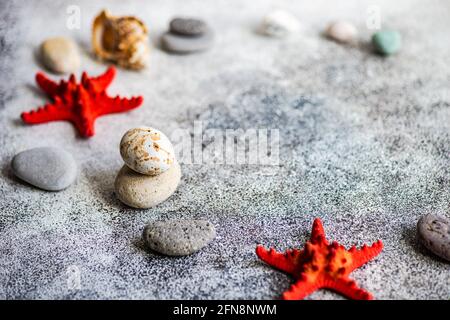 Flat lay summer composition with sea shells Stock Photo