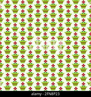 Seamless repeat pattern. Christmas giftwrap of flowerpot. Red, green and white. Stock Vector