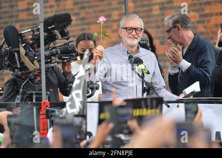 Former Labour Party leader Jeremy Corbyn speaks during a demonstration outside the Israeli embassy in London, in solidarity with the people of Palestine amid the ongoing conflict with Israel. Picture date: Saturday May 15, 2021. Stock Photo