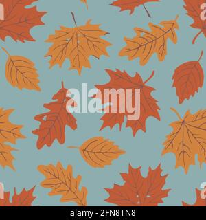 Vector seamless pattern with falling leaves. Autumn leaves on blue background. Stock Vector