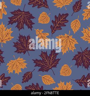 Vector seamless pattern with leaf fall on blue background. Autumn design pattern. Stock Vector