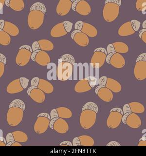 Vector seamless pattern with acorns on purple background. Autumn fall design. Stock Vector