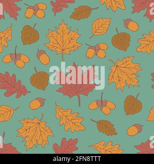 Vector seamless pattern with bright autumn leaves and acorns. Fall design. Stock Vector