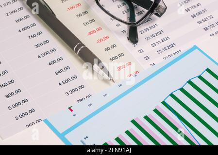 Graphs, financial documents and a pen on the desktop. Audit, analytics and banking. Research and analytics in business Stock Photo