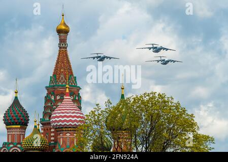 May 7, 2021, Moscow, Russia. Russian heavy transport aircraft IL-76 over Red Square in Moscow. Stock Photo