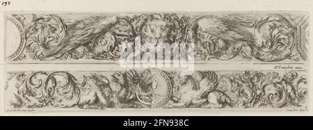 Two Ornamental Bands with Head of a Lion and Woman, probably 1648.