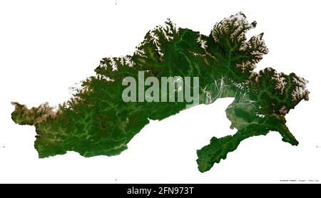 Arunachal Pradesh, state of India. Sentinel-2 satellite imagery. Shape isolated on white. Description, location of the capital. Contains modified Cope Stock Photo