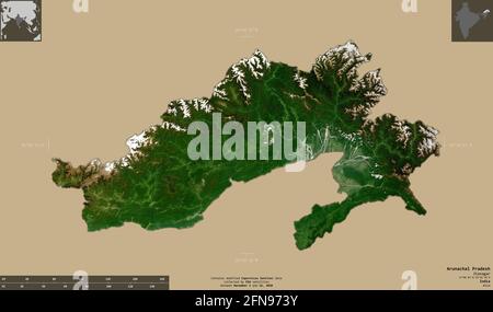 Arunachal Pradesh, state of India. Sentinel-2 satellite imagery. Shape isolated on solid background with informative overlays. Contains modified Coper Stock Photo