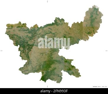 Jharkhand, state of India. Sentinel-2 satellite imagery. Shape isolated on white. Description, location of the capital. Contains modified Copernicus S Stock Photo