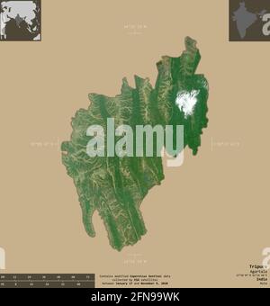 Tripura, state of India. Sentinel-2 satellite imagery. Shape isolated on solid background with informative overlays. Contains modified Copernicus Sent Stock Photo