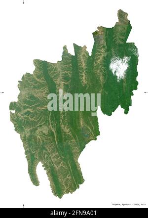 Tripura, state of India. Sentinel-2 satellite imagery. Shape isolated on white. Description, location of the capital. Contains modified Copernicus Sen Stock Photo