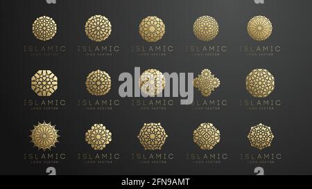 Gold islamic logo set on dark background. Ramadan kareem vector pattern. Round shape logo design. Islamic circle logo simple pattern. Arabic vector 3d Stock Vector
