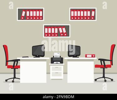 Office room. Workplace of office workers on a beige background. There are two desks, two red chairs, printer, shelves for documents and other objects Stock Vector