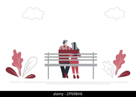 Young couple is sitting on a park bench. The man hugs the woman. Back view. There are also plants and clouds in the picture. Vector illustration Stock Vector