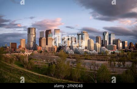 Panoramic image of the skyline of Calgary during sunset  in Alberta, Canada Stock Photo