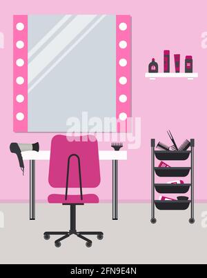 Hairdressing salon in pink. Interior. Hairdresser's workplace. There is a table, a chair, mirror, hair dryer in the image. Vector illustration Stock Vector