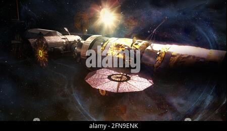 Spaceship in space among the stars and galaxies. Elements of this image furnished by NASA. Stock Photo