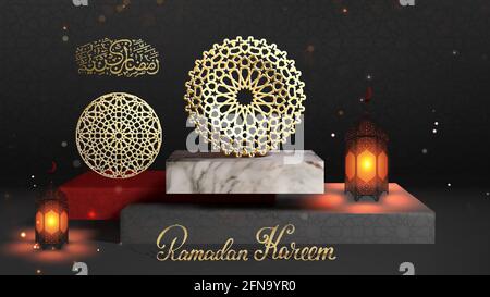 Gold round islamic pattern on marble stage. 3d greeting card design for Ramadan Kereem. Vector islamic lantern design. Ramadan Kareem calligraphy Stock Vector