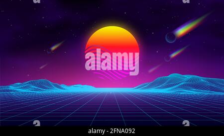 Synth wave retro city landscape background sunset 3d landscape with rainbow comets. Futuristic landscape 1980s style. Digital retro landscape cyber Stock Vector