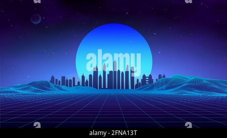 Retro landscape blue background. 3d vector background. Futuristic technology mountain landscape. Digital city neon 80s technology music background Stock Vector