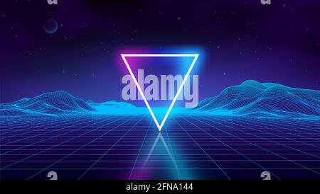 Retro futuristic background for game. Music 3d dance galaxy poster. 80s background disco. Neon triangle synthwave digital wireframe landscape with Stock Vector