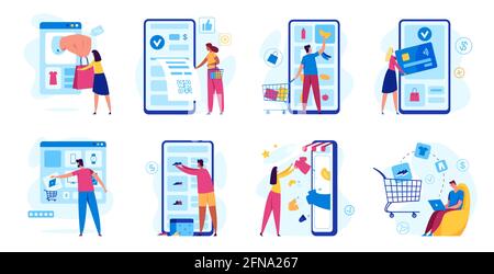 Online shopping. Digital payments with smartphone. Customer buying in internet store. Online shop checkout and delivery, e-commerce concept vector set. Choosing products, shoes, receiving receipt Stock Vector