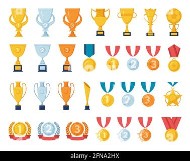 Trophy award. Sports games golden cup championship winner reward. First place trophy cups. Gold, silver, bronze medals or badges vector set. Goblets for competition, contest or tournament Stock Vector