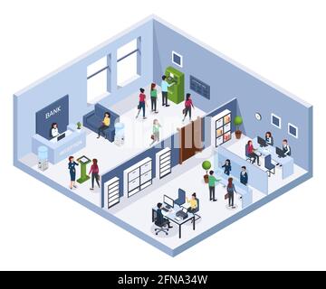 Isometric bank office. Reception, waiting area, atm. Finance consultants with clients. Bank interior with clients and employees 3d vector concept. Assistants helping visitors, managers giving credits Stock Vector