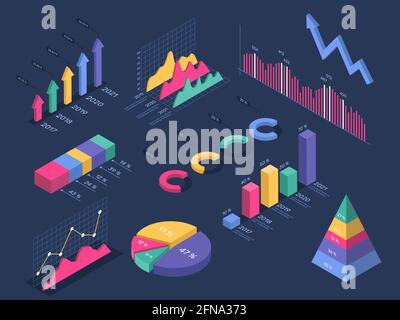 Isometric infographics. Pie chart, circle graph, histogram, pyramid diagram, growth progress bar. 3d infographic charts for presentation vector set. Data icons for business plan analytics Stock Vector