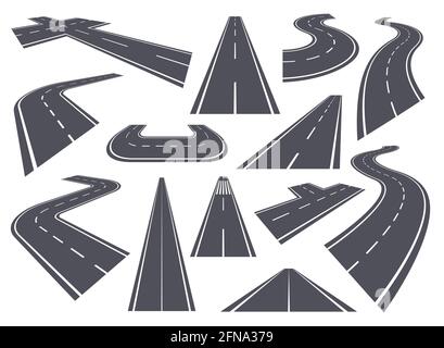 Curved roads. Perspective highway, bending or winding road, straight and curve pathway. Asphalt city streets with white markings vector set. Speed path for driving or transportation Stock Vector