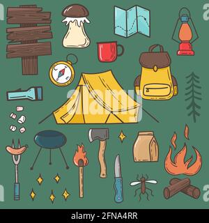 Camping and hiking set. Vector illustration, cartoon elements in hand drawn simple style Stock Vector