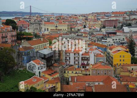 Panoramic aerial view of city and 25 de Abril suspension bridge, Lisbon, Portugal Stock Photo