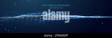 Data mining and management. Flow banner data transfer science illustration. Finance concept business software blue technology background. Digital Stock Vector